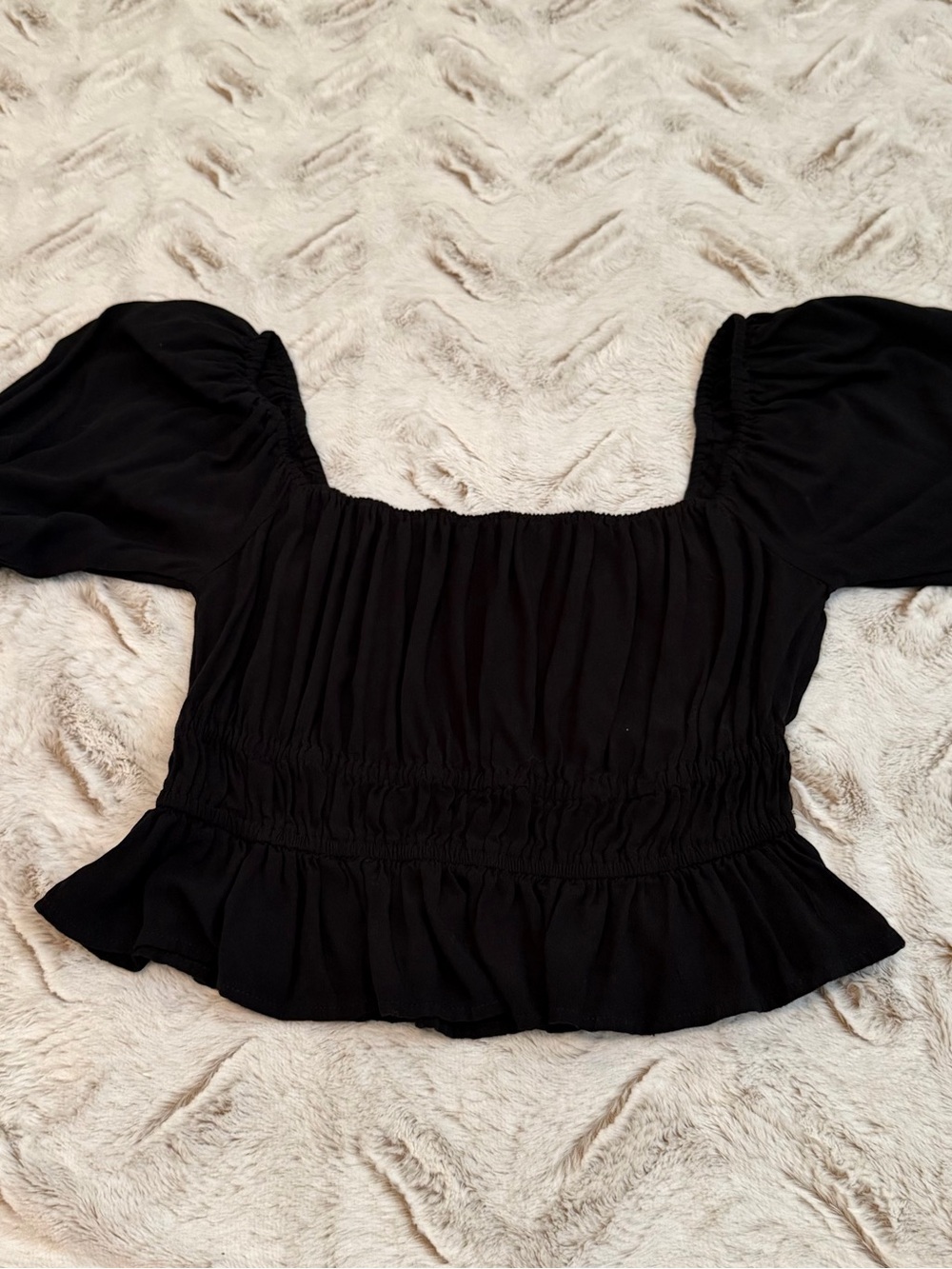 Roxy Black Smocked Peplum Puff Sleeve Crop Top